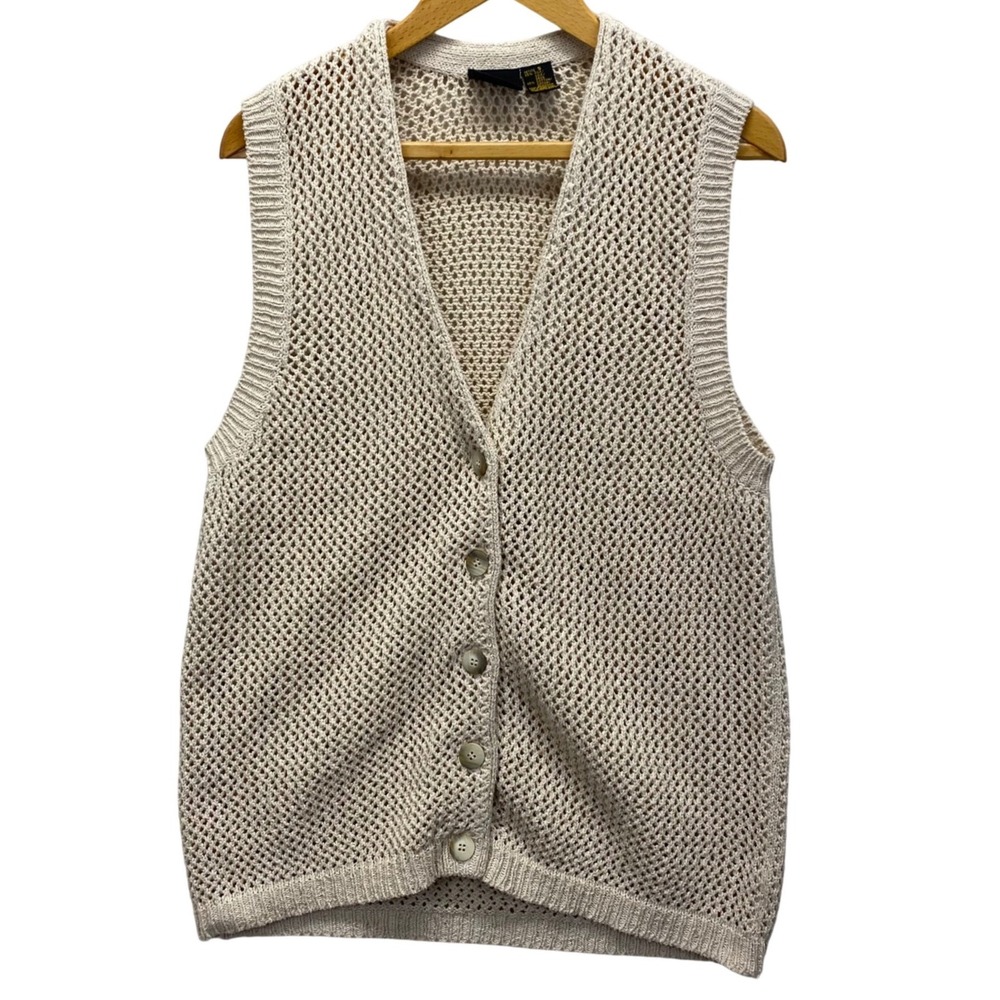 Lizsport Petite Silk Cotton Open Knit Sweater Vest Cream V-Neck Button Front VTG